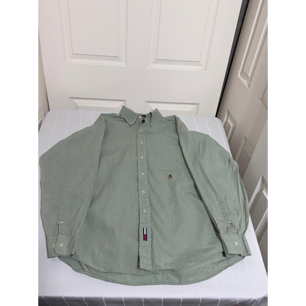 Tommy Hilfiger Mens Sage Green Button Down Shirt Crest Logo 16.5 34-35 Cotton